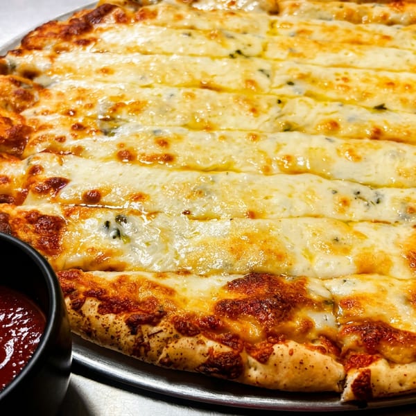 Cheesy breadsticks on a metal pizza pan with a side of marinara sauce.