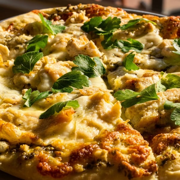 Close-up of a chicken pesto pizza, topped with melted cheese and fresh parsley, on a metal tray.